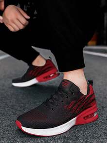 1 Pair Men's Red Patchwork Gradient Knit Lace-Up Cushioned Athletic Shoes, Comfortable Breathable Shock-Absorbing Outdoor Running Sneakers, Suitable For Outdoor Sports, Jogging, Fitness And Walking - Black - View 2