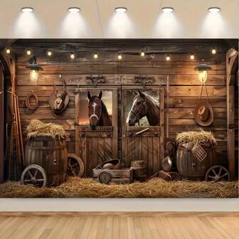 1 Fondo de fotografía con diseño de granero rústico, puerta de madera, establo de granja y ambientación del viejo oeste con caballos, tablones de madera y decoración de huesos de Taurino para estudios fotográficos