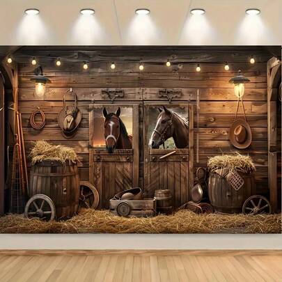 1 Western Cowboy Background Country Barn Door Farm House Wooden Stable Brown Rural Wild West Horse Vintage Wooden Board Skull Decor Photography Backdrop Banner Photo Booth Studio