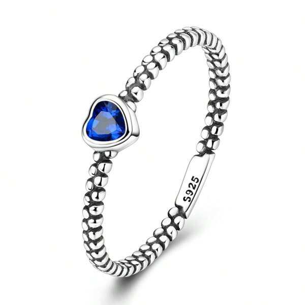 925 Sterling Silver Heart Shape Ring Simple And Exquisite Style Inlaid Blue Zirconia Ring For Women Fine Jewelry Symbol Of Love And Protection Gift For Her