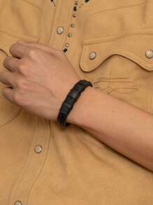 Fashionable Simple Woven Double Layer Leather Cord Bracelet For Men, Magnetic Clasp Leather Wristband Jewelry