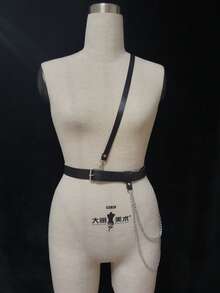 Women's Minimalist Fashion Chain-Style Body Belt, Large Circle Decor Goth Waist Belt, Adjustable Black PU Leather Punk Belt, Fashion Accessory, Feminine Style Clothing Matching - Black - View 4