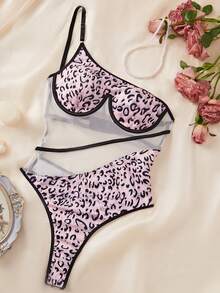 EZNV 1pc Fashionable Leopard Print Mesh Patchwork Sheer Jumpsuit - Pink - View 9