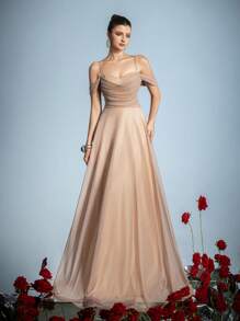 Faeriesty Elegant Cold Shoulder Bridesmaid Gown With Adjustable Rope-Tie Back & Flowing Wide Skirt | Luxury Formal Wear For Weddings, Galas, And Cannes Parties