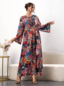Women's Vintage Floral Print Maxi Dress - Long Sleeve Tie-Neck Boho Dress, Spring Summer Casual Loose Fit Layered Dress,Elegant Long Sleeve Robe,Summer Dresses,Dresses Classy Elegant