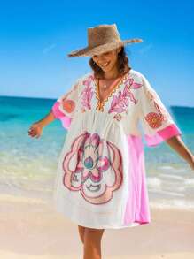 Vestito casual con stampa floreale boho, abbigliamento occidentale da donna, abito da festival musicale bohémien per vacanze estive e spiaggia, dolce abito stile babydoll; Abito aderente a maniche a pipistrello, scollo a V profondo, con stampa, per festa e club, abbigliamento da concerto