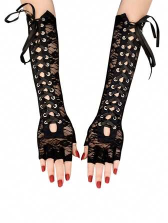 1 paire de gants Lolita gothiques à lacets pour femmes, convenant pour le port quotidien, les fêtes, le cosplay