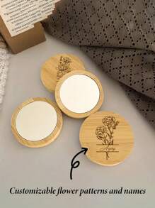 1 pezzo Specchio compatto da viaggio rotondo in legno personalizzabile con motivo floreale, specchio portatile e da mobile in legno - specchio per trucco circolare da tenere in mano, specchio da trucco in legno inciso