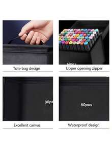 大容量折叠便携式记号笔袋，多功能帆布笔袋，记号笔收纳盒，适用于小型化妆包（不含记号笔）-可手洗，适用于学校用品、返校季、铅笔盒、文具 - 黑色筆袋 - 查看 10