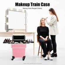 SENDERPICK Cosmetic Trolley With Keys, Hairdressing Travel Case Rolling Makeup Train Case, - Pink - View 4