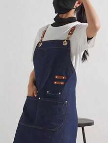 1pc Polyester Solid Color Apron, New All-Season Style, Waterproof, Oil-Proof, Household Kitchen Cooking Apron For Men & Women, Fashion Waist Tie Cafe Restaurant Workwear Dirt-Proof Customizable Waterproof Oil-Proof Workwear - Blue - View 5