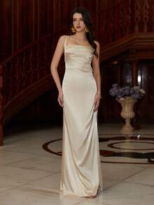 围脖领露背交叉系带褶饰紧身半正式婚礼宾客礼服、派对礼服、晚礼服、长袍