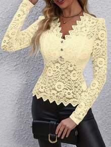Women's Elegant Lace Heart Button Decor V-Neck Long Sleeve T-Shirt, Sexy For Vacation, Honeymoon, Birthday Party, Spring/Summer - Yellow - View 5