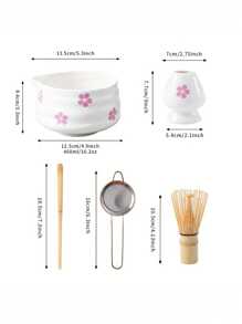 1pc/2pcs/4pcs/5pcs Cherry Blossom & Matcha Bowls Set, Japanese Tea Set Includes Matcha Bowl With Spout, Bamboo Matcha Whisk, Matcha Scoop, Whisk Stand, Stainless Steel Sieve, 5-Piece Perfect Matcha Set Back To School