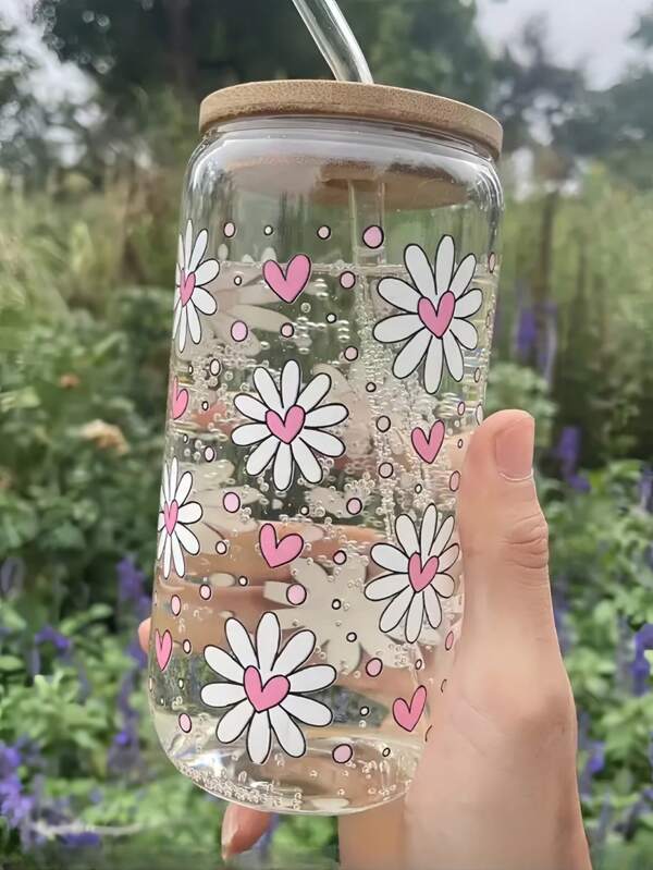 Vaso con pajita de vidrio con forma de tarro, 500ml/16oz, con diseño de corazón y margarita, adecuado para café, leche, té y otras bebidas, mejor opción de regalo para amigos