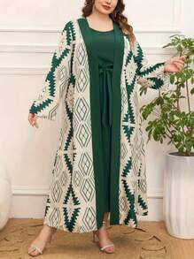 Conjunto de 2 piezas para mujer talla grande con vestido sólido sin mangas estilo árabe y cárdigan estampado de manga larga