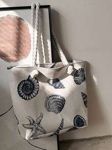 Fashionable Large Capacity Tote Bag With Shell & Starfish Pattern,Equipped With A Beach Straw Hat, Windproof And Sunshade, Large Head Circumference, Comfortable To Wear, Large Capacity, With Handheld, Foldable, Reusable,Summer Bag,Beach Bag - Multicolor - View 3