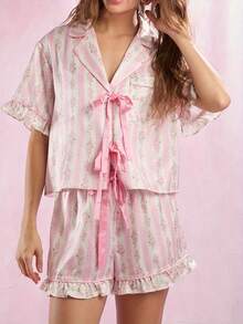 Women's Summer Loungewear Set Floral Print Ruffled Short Sleeve Tie Front Tops With Elastic Waist Shorts Sleepwear - 粉色 - 查看 1