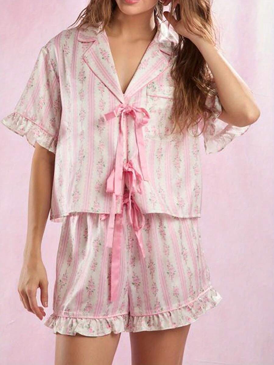 Women's Summer Loungewear Set Floral Print Ruffled Short Sleeve Tie Front Tops With Elastic Waist Shorts Sleepwear - 粉色 - 查看 1