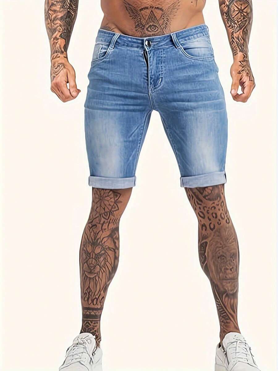 Men's Fashionable Stretch Skinny Denim Shorts Jorts - Light Wash - View 1