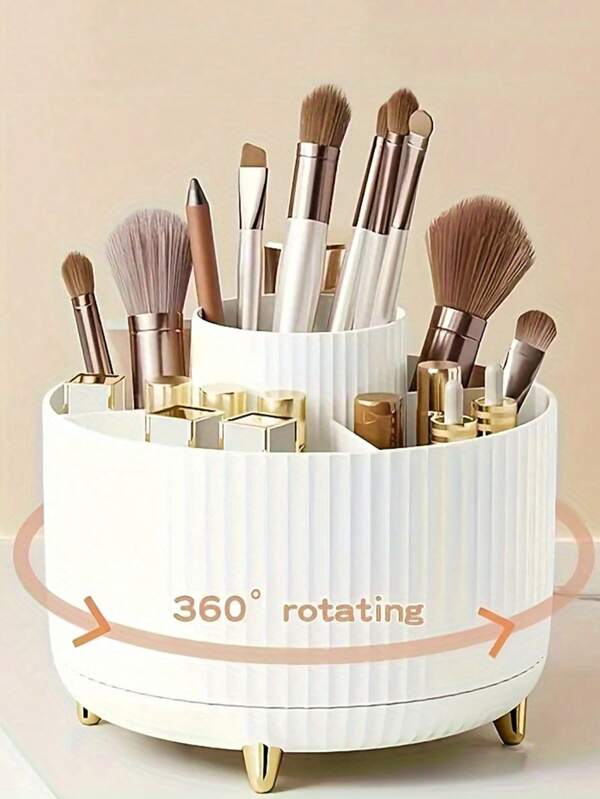1pc 360° Rotating Cosmetic Storage Box - 1 Piece Plastic Makeup Organizer With 5 Compartments, Suitable For Brushes, Lipsticks, Skin Care Products And Stationery - Odorless Desktop Storage Box, Luxury Striped Design Home Bathroom Decor Bathroom Accessories Bathroom Organizer Summer Back To School