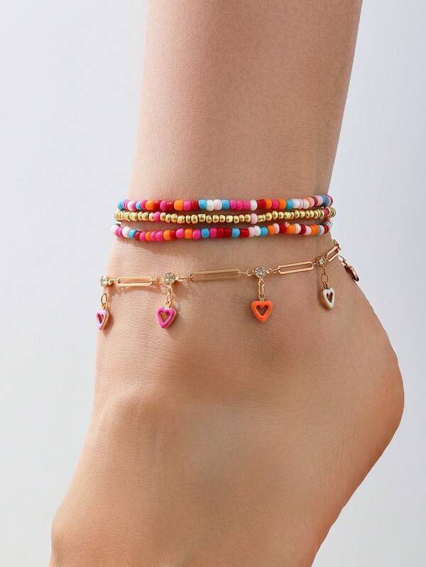 4pcs/Set Boho Colorful Beaded Chain Anklet, French Romantic Style Metal Heart Pendant Tassel Foot Jewelry For Women, Beach Party Festival Travel Accessories, Great Gift For Girlfriend