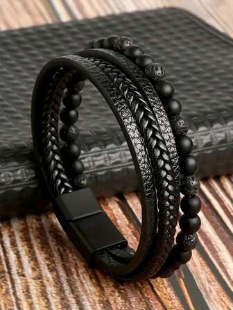 1pc Multi-Layer Handcrafted Leather & Beaded Bracelet For Men