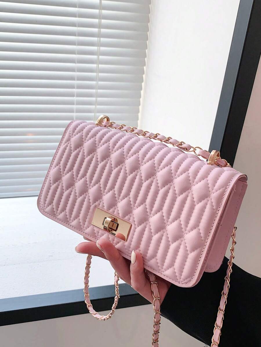 Bolso de hombro cruzado cuadrado de piel de imitación de unicolor con cierre de giro, nueva moda mini - Rosa - Ver 1
