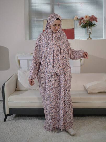 Women's Long Robe With Scarf, Tiny Ditsy Floral Jacquard Fabric, Zip-Up Arabian Prayer Robe, Comfortable & Breathable For All Seasons