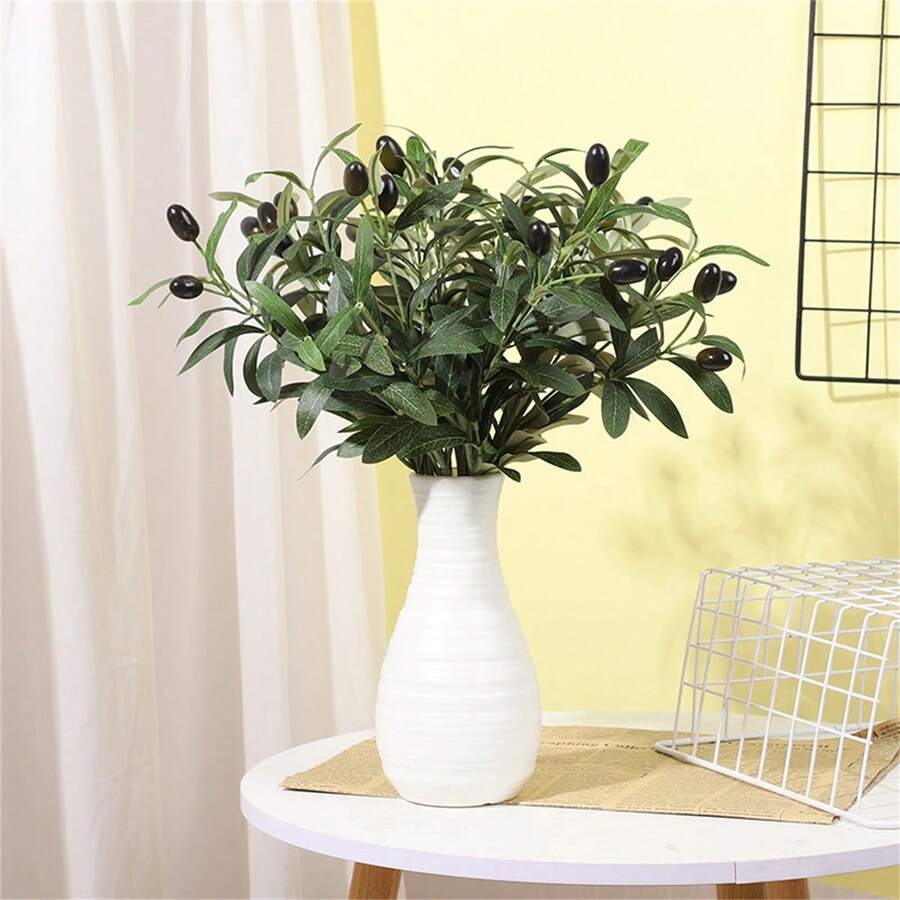 Rama de árbol de hojas de olivo artificial con fruta para decoración del hogar, jardín, jarrón, decoración de boda y ramo de flores de seda