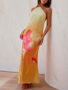 Women's Summer Dresses Halter Neck Sleeveless Backless Flowy A Line Boho Maxi Dress - Vàng nhạt - Xem 4