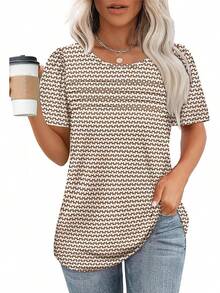 OFEEFAN Womens T Shirts Short Sleeve Tops Dressy Casual Blouses Spring Summer Outfits Flowy Pleated Front Scooped Neck - Brown - View 2