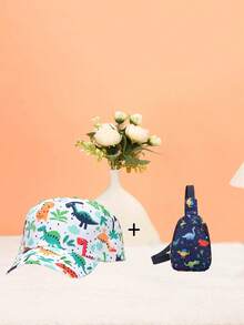 2pcs Nylon Zipper Closure Fashion Cartoon Unicorn Dinosaur Butterfly Element Baseball Cap And Chest Bag, Niche Design Teenagers All-Match Leisure Shoulder Messenger Bag Niche Design Outing Bag, Korean Highly Attractive Bag, Suitable For Going Out To Collect Items, Ideal Birthday Gift (Random Printing Position) - Multicolor - View 5
