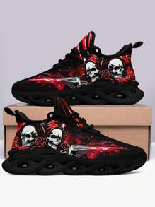 Zapatos de senderismo transpirables para hombres con impresión de calavera y espada, con ajuste ancho, suela con cuchilla, livianos, antideslizantes, amortiguación de impactos, aptos para uso casual