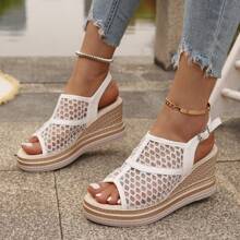 Sandales compensées sexy ajourées pour femmes, imprimé floral bohème de vacances, pour la plage/extérieur, l'été, semelle épaisse, respirant en dentelle et résille