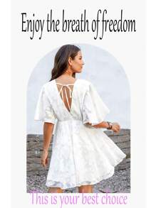 Abito estivo da donna con maniche corte e vita svasata, abito lungo medio monocromatico con dettagli traforati, elegante, adatto per lo shopping, le vacanze. Abito bianco, uno dei capi più venduti