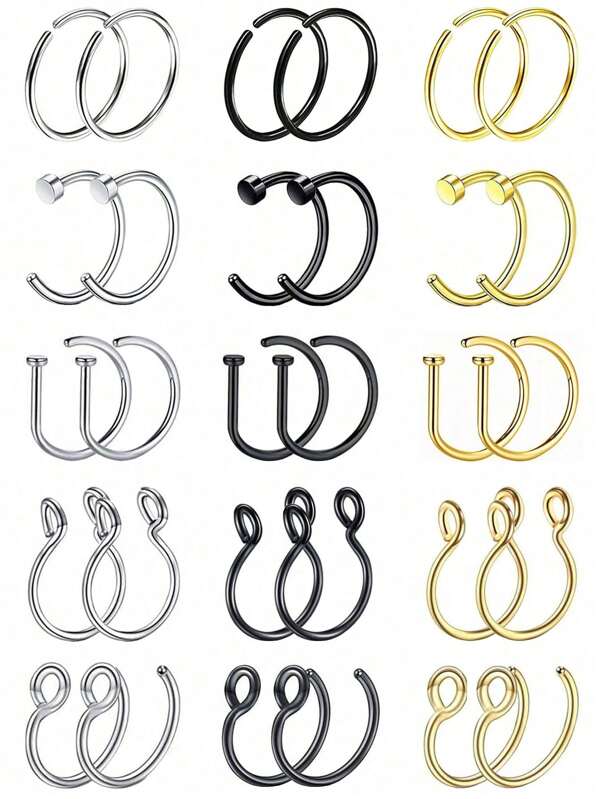 10/30Pcs Stainless Steel Fake Piering Nose Ring Set Women Men Punk Non Piercing Lip Ring Nasal Septum Clip Non Perforation Fashion Body Jewelry Gifts