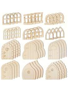 12pcs Wooden Miniature Fairy Door DIY Kit, 3D Wooden Structure With Mini Windows, Suitable For Rustic Garden Craft Set, Wall Home Party Decor