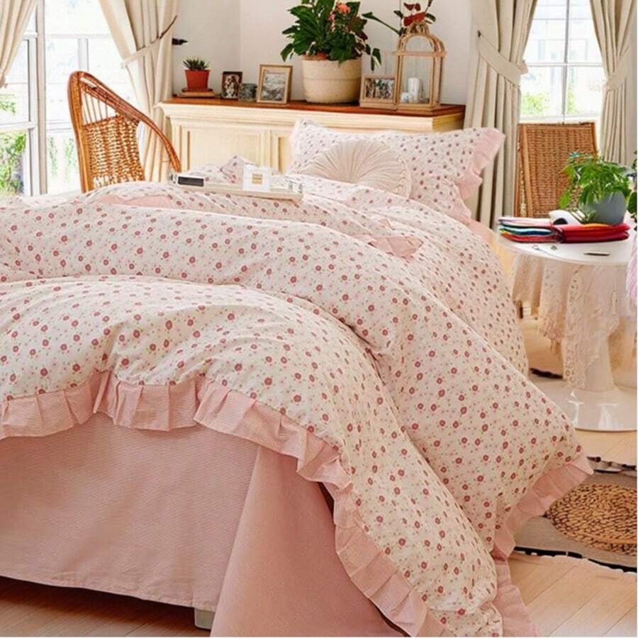 Vclife Modern Luxury Solid Color Duvet Cover Full For Girls Women And Jersey Knit Cotton Duvet Cover Queen Soft Grapefruit Bedding Set Queen , Ultra Soft, 4 Corner Ties With Two Pillowcases, No Comforter - 花邊款-洛莉 - 查看 1