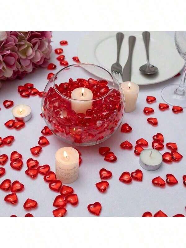 10/30/60/120pcs-Valentine's Day Red Filled Heart-Shaped Gemstone Decoration, Valentine's Day Heart-Shaped Ornament, Suitable For Wedding Decoration, Photography Props, Vase Filling, Desktop Scattering, Wedding Party Activities, Art And Crafts, Valentine's Day Decoration Gifts