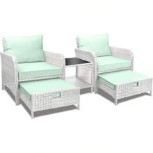 Balcony Furniture 5 Piece Patio Conversation Set, PE Wicker Rattan Outdoor Lounge Chairs With Soft Cushions 2 Ottoman&Glass Table For Porch, Lawn-Brown Wicker - 灰色/淺薄荷色 - 查看 2