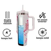 1pc 40oz Stainless Steel Double Wall Vacuum Insulated Tumbler, Multi-Color Designs With Handle, High Quality And Portable For Camping & Travel - 40oz Flowers - View 2