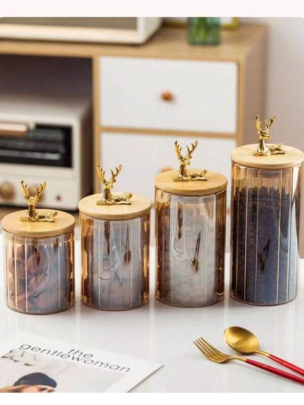 1pc Creative Mini Deer Bamboo Lid Heat-Resistant Glass Storage Bottle, Wholesale Household Kitchen Striped Glass Canister