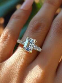 1 pezzo Anello di lusso e alla moda da donna in rame e argento con zirconia cubica incastonata geometricamente, adatto per uso quotidiano, proposta di matrimonio, fidanzamento, matrimonio, anniversario, regalo per la fidanzata