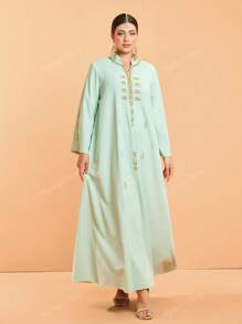 Abito lungo da donna con scollo a V, verde, ricamato con perle, maniche lunghe, nuova collezione Mgiacy
