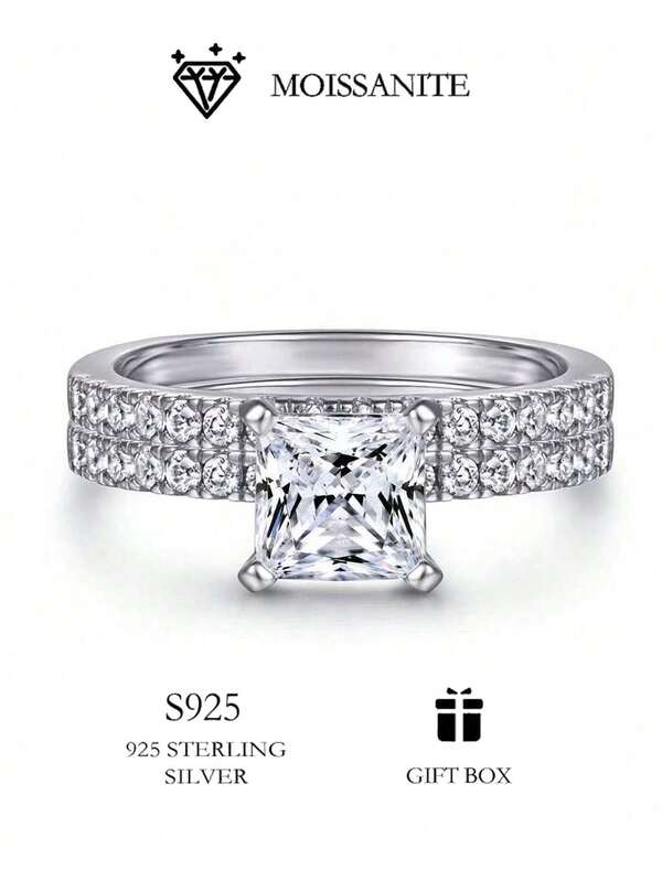 1PC Four-Claw Square Diamond Ring Wedding Band Ring For Women 925 Sterling Silver Fashion Moissanite Anniversary Ring Jewelry Gifts For Her With GRA Certificate