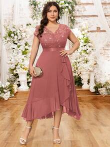 Plus Size V-Neck Sequin Lace Bodysuit With Ruffle Hem And Thigh High Slit Chiffon Maxi Dress, Elegant For Wedding Guest, Birthday, Graduation, Homecoming And Other Occasions - Dusty Pink - View 4