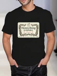 Men's Black T - Shirt With "Hennything Is Possible" Slogan Pattern , Men's 220gsm New Summer Casual Crew Neck Pure Cotton Short-Sleeved T-Shirt(1 PC) - Black - View 1