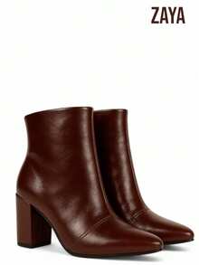 Women's Short Boot With Block Heel And Pointed Toe – ZAYA - Brown - View 2