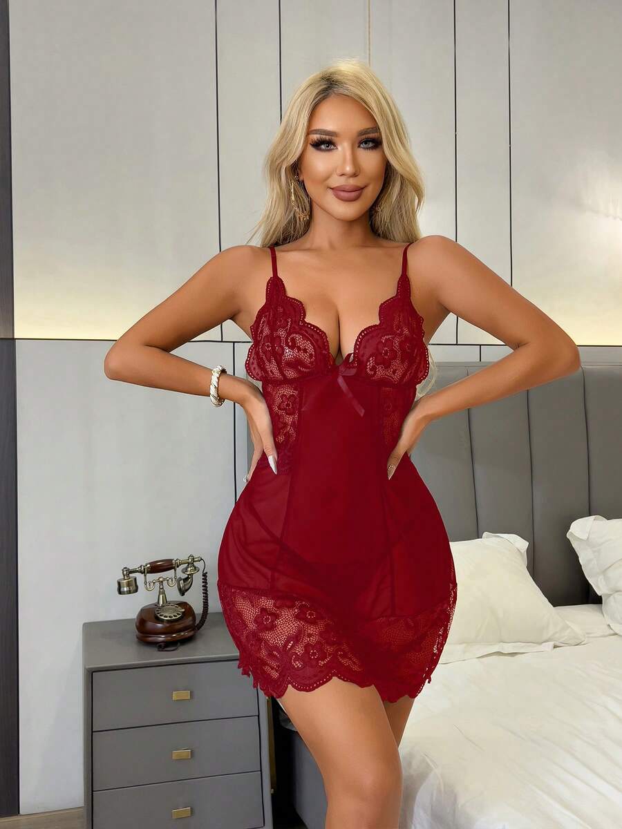 2pcs Women's European & American Style Sexy Lace Mesh Nightgown Lingerie Set, For Sleepwear, Enticing Partners - 紅色 - 查看 1